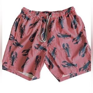 Rainforest Navy Blue Lobster and Red Striped Swim Trunks Size Medium